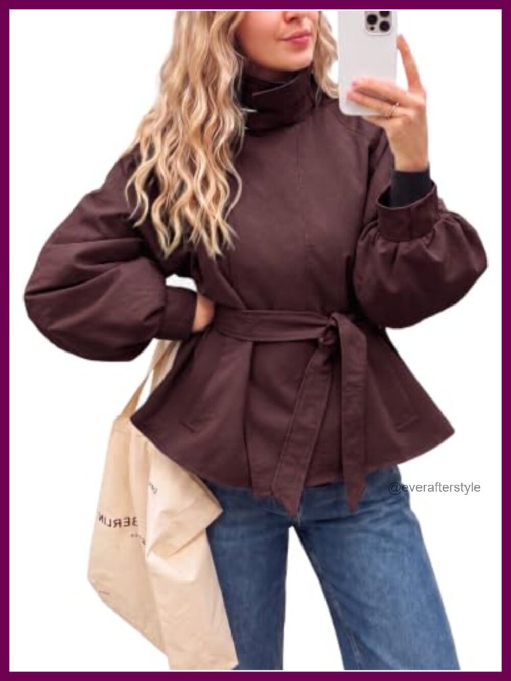 Cropped Trench Coat Lightweight Short Oversized Lantern Sleeve Belted Jacket